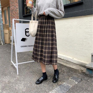Women Vintage Wool Pleated Plaid High Waist Long Streetwear Skirt