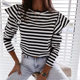 Women Blouse Shirt Striped Ruffle Long Sleeve O Neck Top