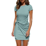 Women Self Tie Draped T-Shirt Solid Colors Short Sleeve Dress