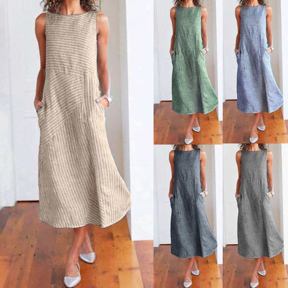 Women Maxi Sleeveless Linen Long Dress Striped Cotton Baggy