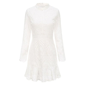 Women Vintage Lace Embroidery Long Sleeve Ruffle Hollow Out Slim Short Dress