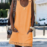 Women O-neck Button Solid sleeveless Pockets A-line Mini Dress