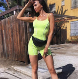 Women Strapless Neon Color Skinny Bodysuit Reflective Striped Backless