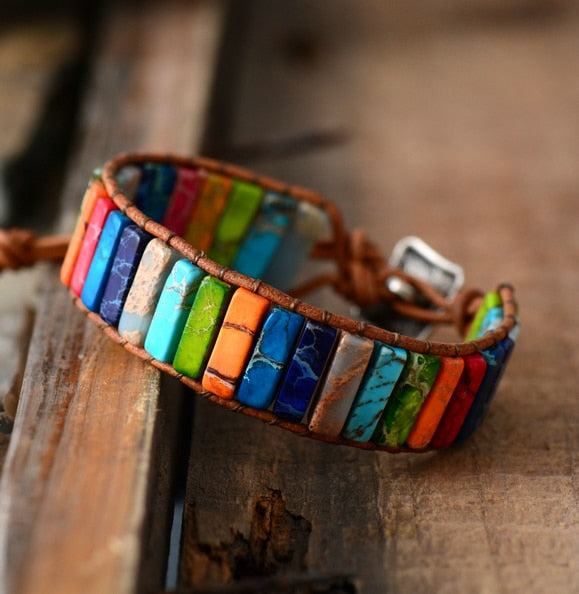 Chakra Handmade Multi Color Natural Stone Tube Beads Leather Wrap Couples Bracelet
