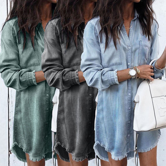 Women Long Sleeve Loose Denim Shirts Turn-down Collar Short Dresses