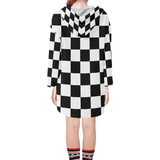 Black White Checkers Step Hem Tunic Hoodie for Women (Model H25)