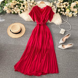 Women Neploe Slim Fit Long Chiffon Pleated Solid Color Elegant V-neck Drawstring New French Style Dress