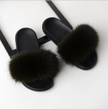 Women Flat Non-slip Solid Real Fox Fur Hair Slides Slippers