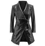 Women Medium Long Sleeves Large Lapel Leather Temperament Buttons PU Jacket