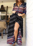 Women Long Maxi Bohemia Long Sleeve Pattern Dress