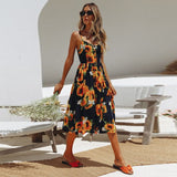 Women Boho Sleeveless Print Slim High Waist Dress