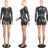 Women Long Sleeve Sequin Striped Bodycon Mini Dresses