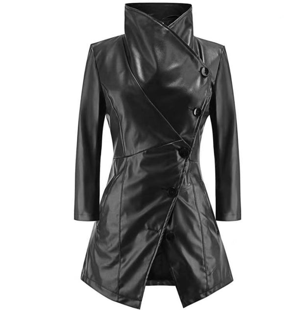 Women Medium Long Sleeves Large Lapel Leather Temperament Buttons PU Jacket
