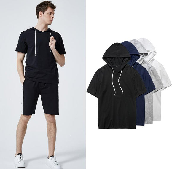 Men Sporting Suit Short Sleeve Hooded T Shirt Bottoms Two Piece Cotton Tracksuits