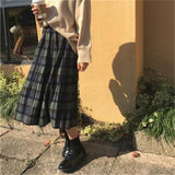 Women Vintage Wool Pleated Plaid High Waist Long Streetwear Skirt