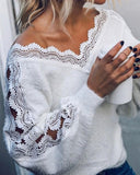 Women V Neck Lace Hollow Knit Sweater Long Sleeve Pullover Top
