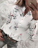 Women V-neck Long-Sleeved Printed Shirt Blouse