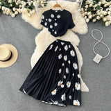 Women Print Two Piece O Neck Short Top Hight Waist Pleated Skirt Set