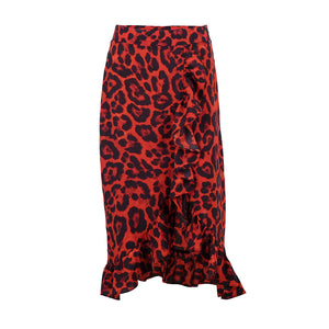 Women Leopard Midi Ruffles Zipper Chiffon High Waist Pencil Skirt
