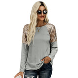 Women Sequin Stitching Round Neck Long Sleeve Solid Slim Top