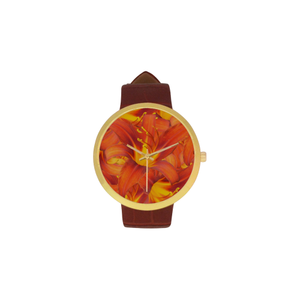 Orange Daylilies Women's Golden Leather Strap Watch(Model 212)