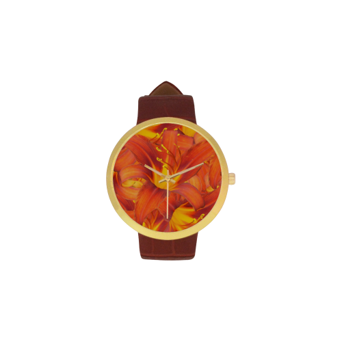 Orange Daylilies Women's Golden Leather Strap Watch(Model 212)