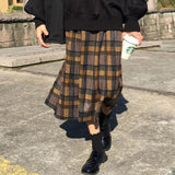 Women Vintage Wool Pleated Plaid High Waist Long Streetwear Skirt