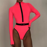 Women Long Sleeve Rash Guard Solid One Piece Swimsuit Fluorescent Zipper Water Sports Belt UV Protect Wetsuit
