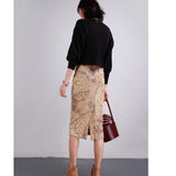 Women Chinese Style High Waist Suede Knee-Length Vintage Print Pencil Skirts