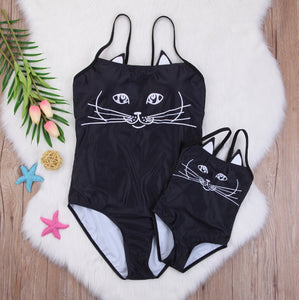 Mother Daughter 3D Black Cat Bikini Monokini One-Piece Family Matching Swimsuit