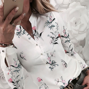 Women V-neck Long-Sleeved Printed Shirt Blouse