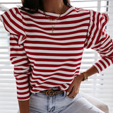 Women Blouse Shirt Striped Ruffle Long Sleeve O Neck Top