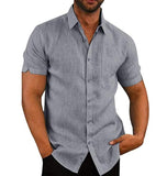 Men Short Sleeve Shirt Lapel Neck Button Pockets Solid Top