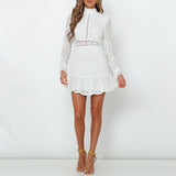 Women Vintage Lace Embroidery Long Sleeve Ruffle Hollow Out Slim Short Dress