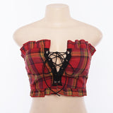 Plaid Ruffle Lace Up Tank Top Boho Yellow Crop Off Shoulder Backless