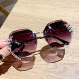 Women's Vintage Rimless Rhinestone Sunglasses Retro Cutting Lens Eyewear UV400