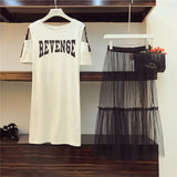 2 Piece Set Women's Cotton Long Strapless T-shirt +Mesh See Through Skirt Holes Belt