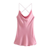 Women Summer Za Pink Satin Spaghetti Strap Sleeveless Backless Mini Dress