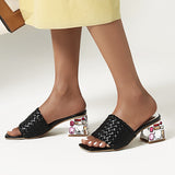 Women Mules Crystal Slide Low Heels Knitted Slipper Sandals