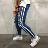 Mens Ripped Side Striped Streetwear Skinny Stretch Slim Denim Jeans Pants