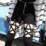 Women Bold Design Contrasted Zipper Pentagram Criss Cross Leggings