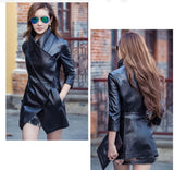 Women Medium Long Sleeves Large Lapel Leather Temperament Buttons PU Jacket