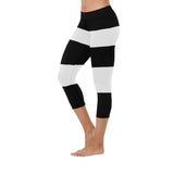 Black White Stripes New Low Rise Capri Leggings (Flatlock Stitch) (Model L09)