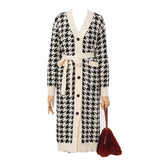 Women V-Neck Long Knitted Coat Houndstooth Vest Dress Two-Piece Set