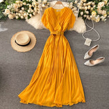 Women Neploe Slim Fit Long Chiffon Pleated Solid Color Elegant V-neck Drawstring New French Style Dress