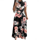 Women Short Sleeve Long Boho Floral Print Maxi Bandage Dress