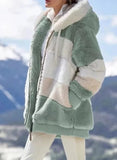 Women Cashmere Coat Stitching Plaid Hooded Zipper Jacket