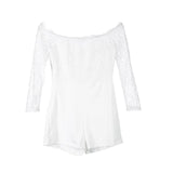 Women Off Shoulder Long Sleeve Sheer Lace Hollow Out Skinny Romper