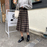 Women Vintage Wool Pleated Plaid High Waist Long Streetwear Skirt