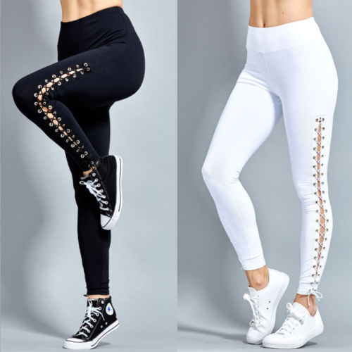 Women High Waist Fitness Leggings Lace Up Solid Trousers
